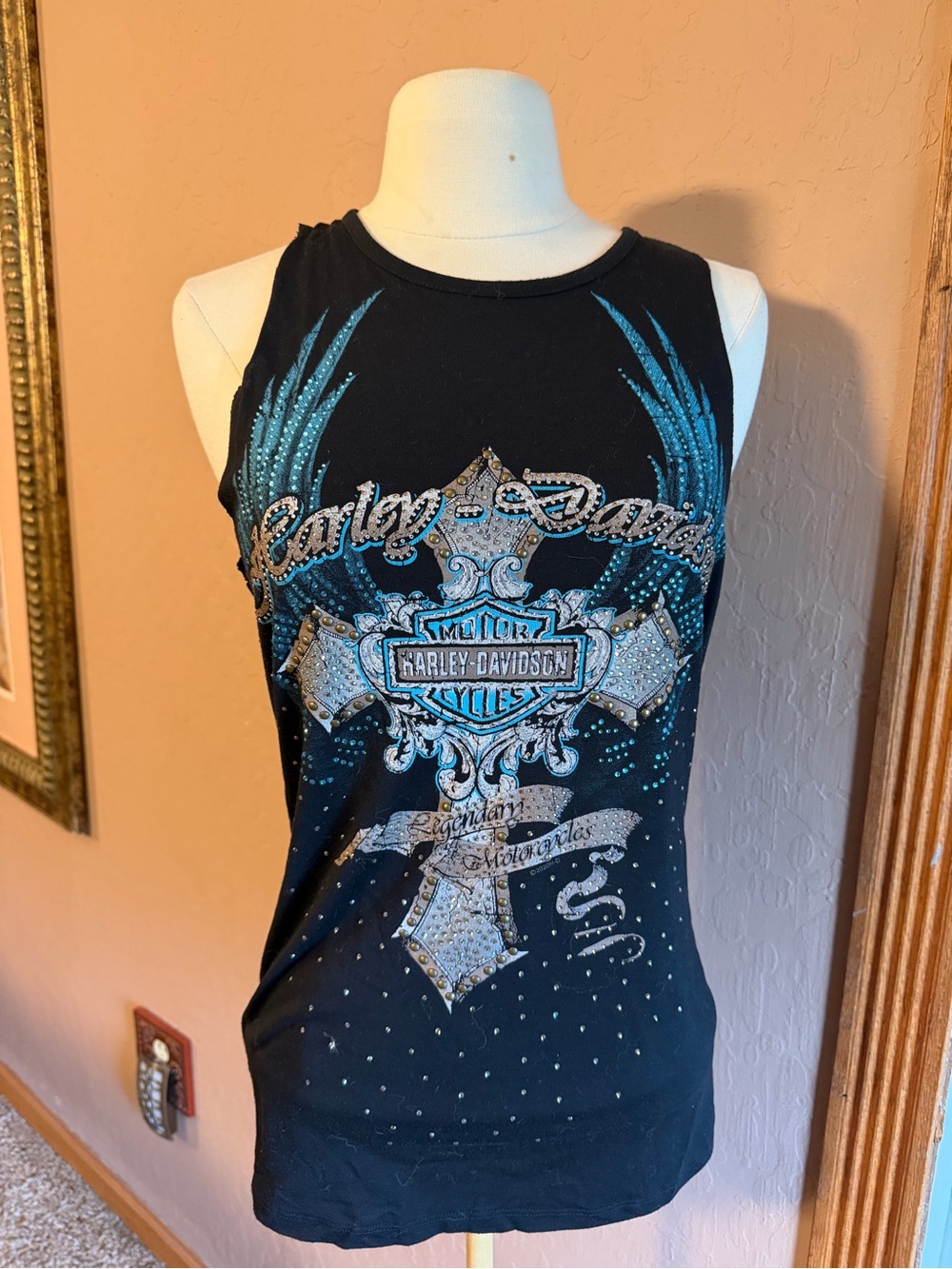 Harley-Davidson Black Tank with Teal and Silver Studded Cross Graphic
